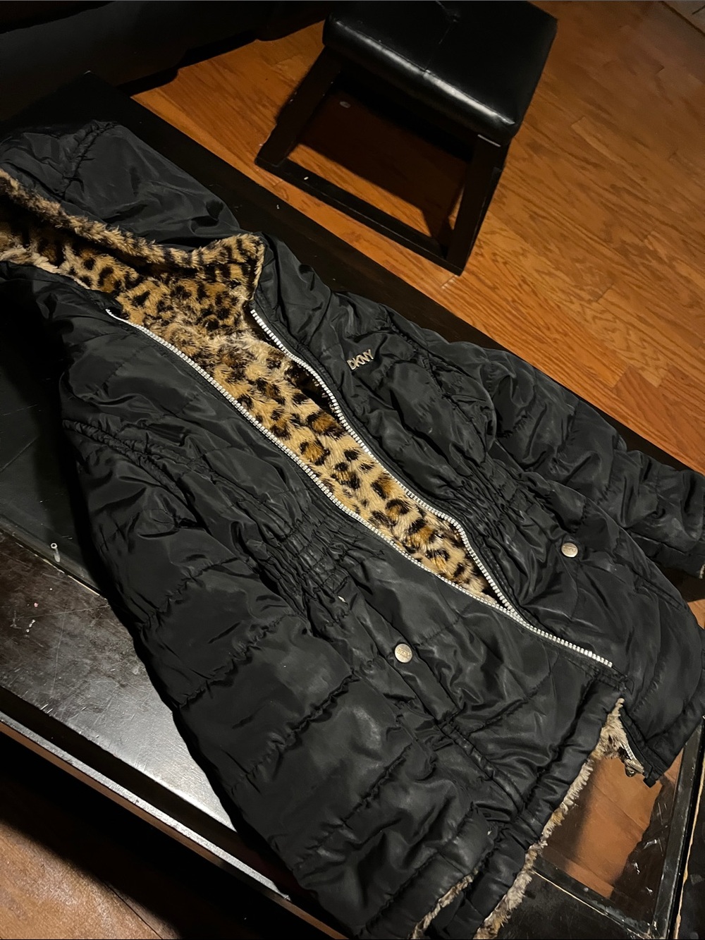 DKNY Black Puffer Jacket with Leopard Faux-Fur Trim